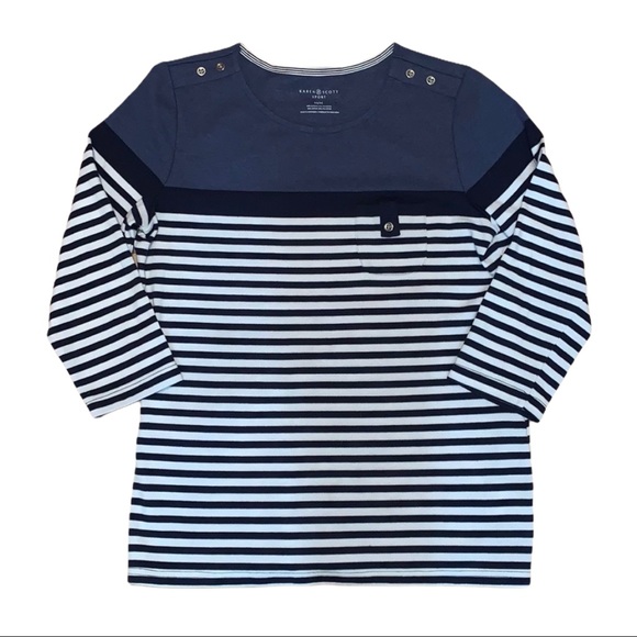 Karen Scott Sport Nautical LS Blue Striped Tee Shirt Top - Picture 1 of 7